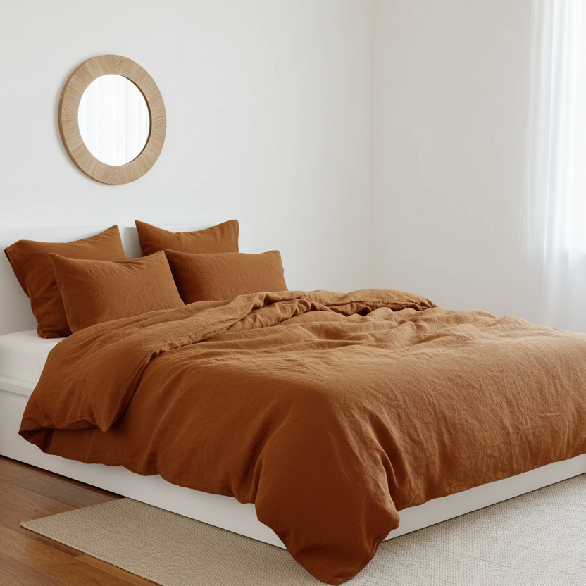 Bedroom with brown bedding and a wooden ladder against a white wall.