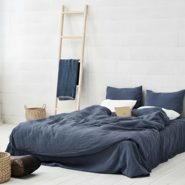 Flax Linen Dark Blue Pillowcases Fitted Sheet, Duvet Cover