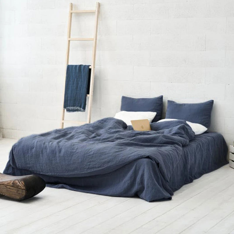 Flax Linen Dark Blue Pillowcases Fitted Sheet, Duvet Cover