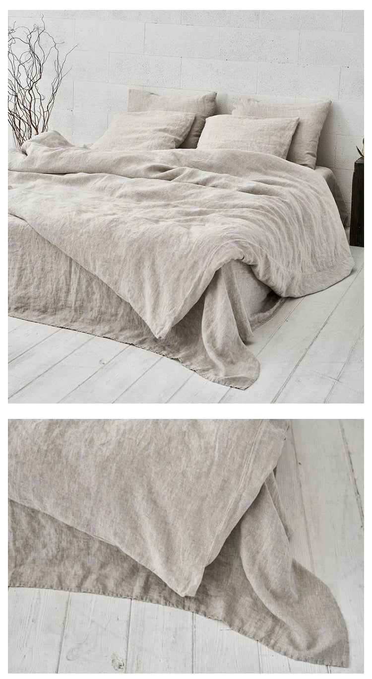 Flax Linen Natural Beige Pillowcases Fitted Sheet, Duvet Cover Set