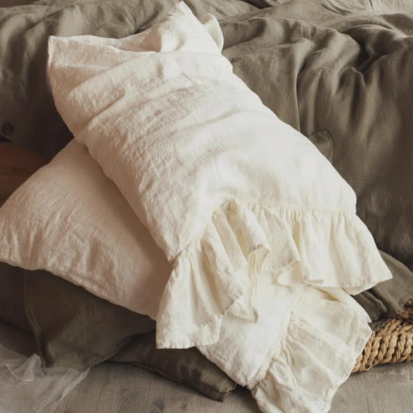 Neatly made bed with beige bedding and white pillows
