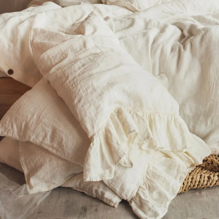 100% Flax Linen Off White Ruffled Pillowcase