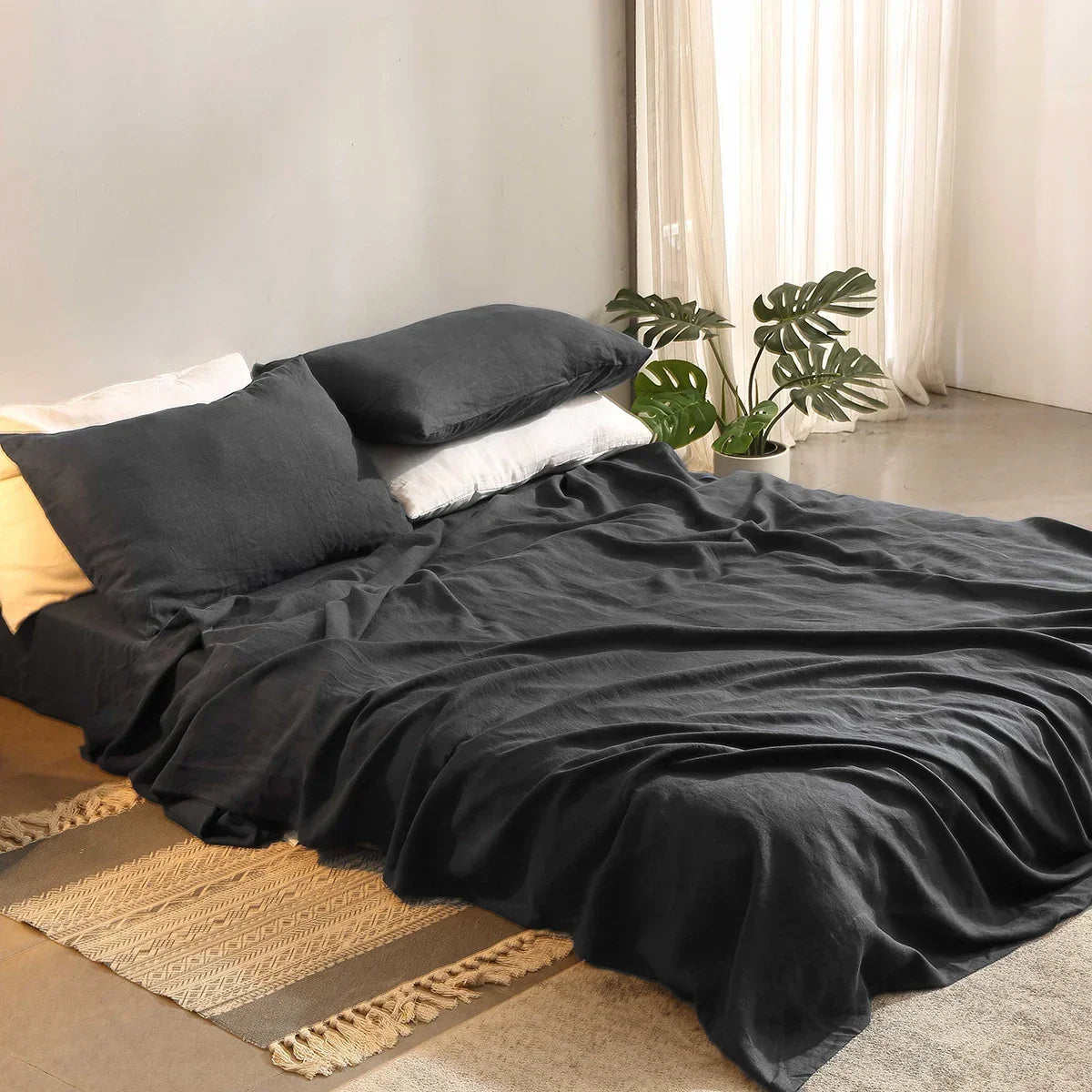 100% Flax Linen 4 Piece Dark Grey Sheet Set