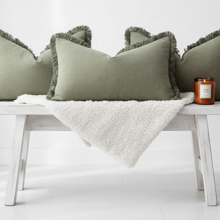 Set of 2 Olive 100% Ramin Cotton Cushion Covers