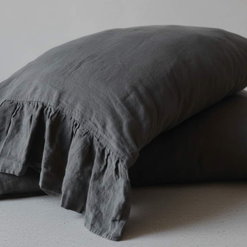 Two dark gray pillows on a light wooden floor.