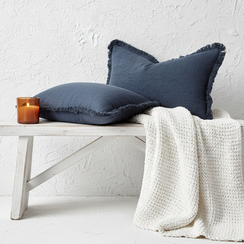 Set of 2 Navy Blue 100% Ramin Cotton Cushion Covers