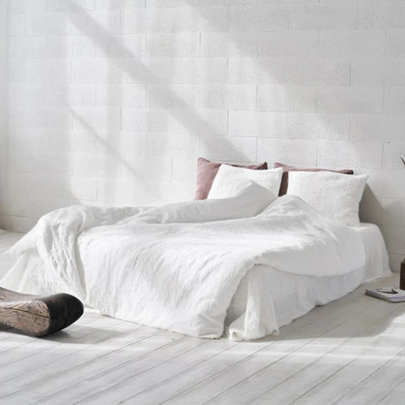Flax Linen White Pillowcases Fitted Sheet, Duvet Cover Set