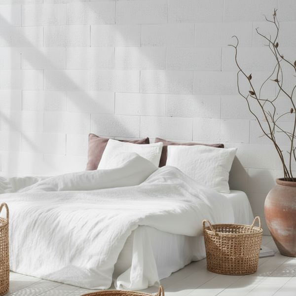 Flax Linen White Pillowcases Fitted Sheet, Duvet Cover Set