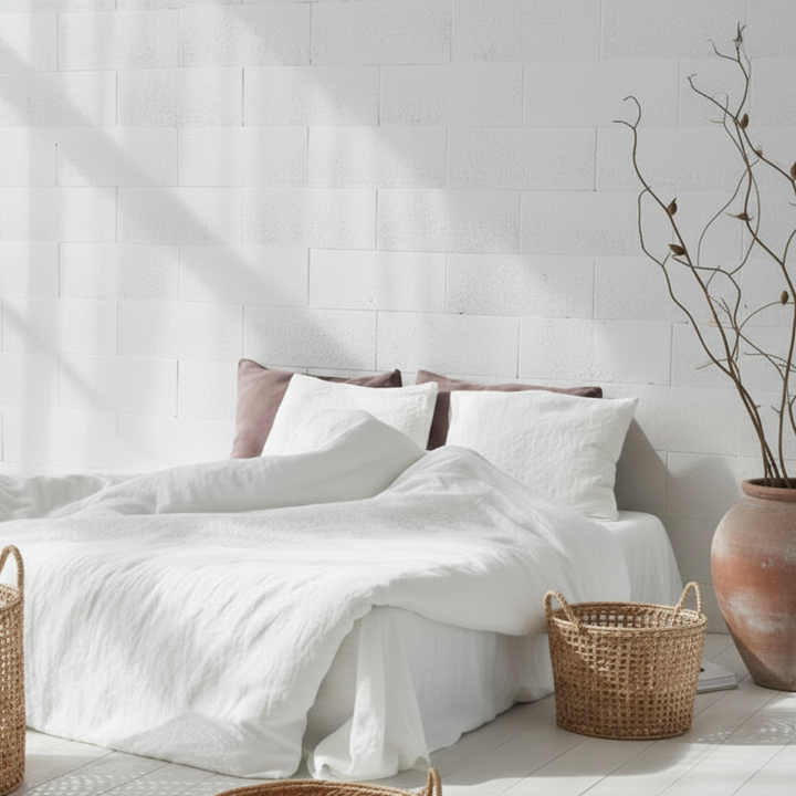 Flax Linen White Pillowcases Fitted Sheet, Duvet Cover Set