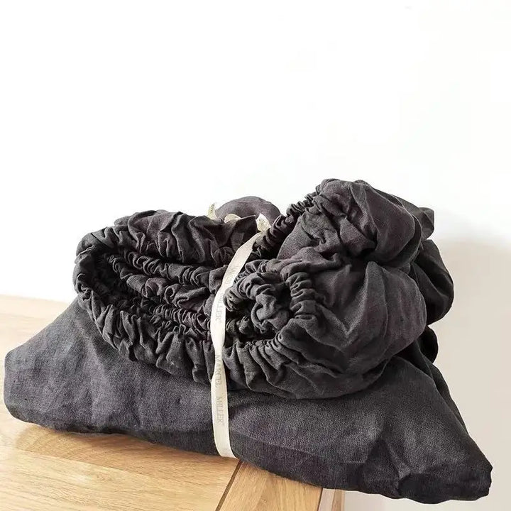 100% Flax Linen Anti-slip Dark Gray Fitted Bed Sheet