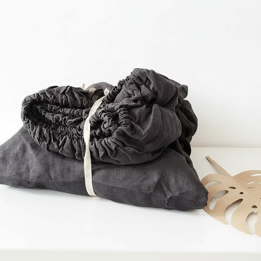 100% Flax Linen Anti-slip Dark Grey Fitted Bed Sheet