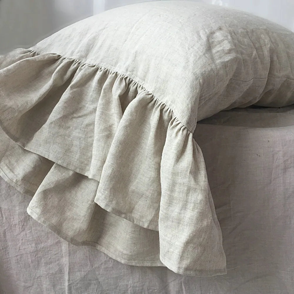 100% Flax Linen Beige Ruffled Pillowcase