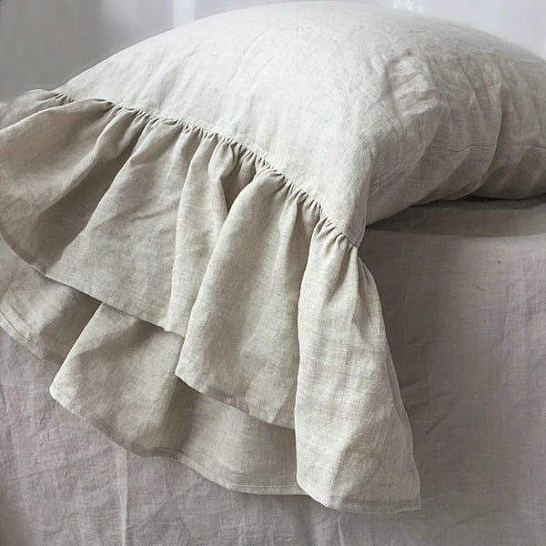 100% Flax Linen Beige Ruffled Pillowcase