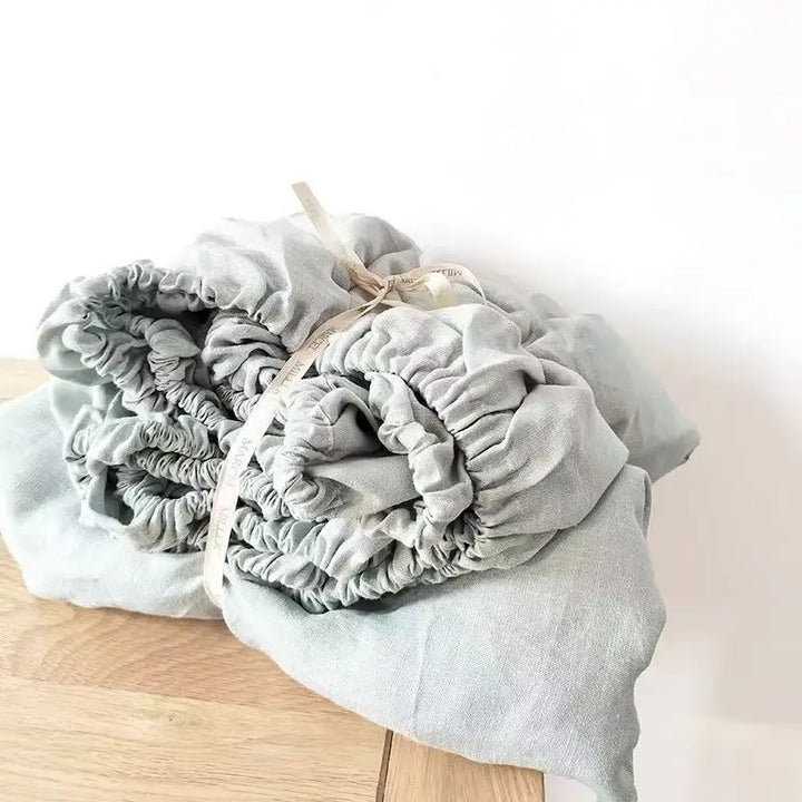 100% Flax Linen Anti-slip Pale Blue Fitted Bed Sheet