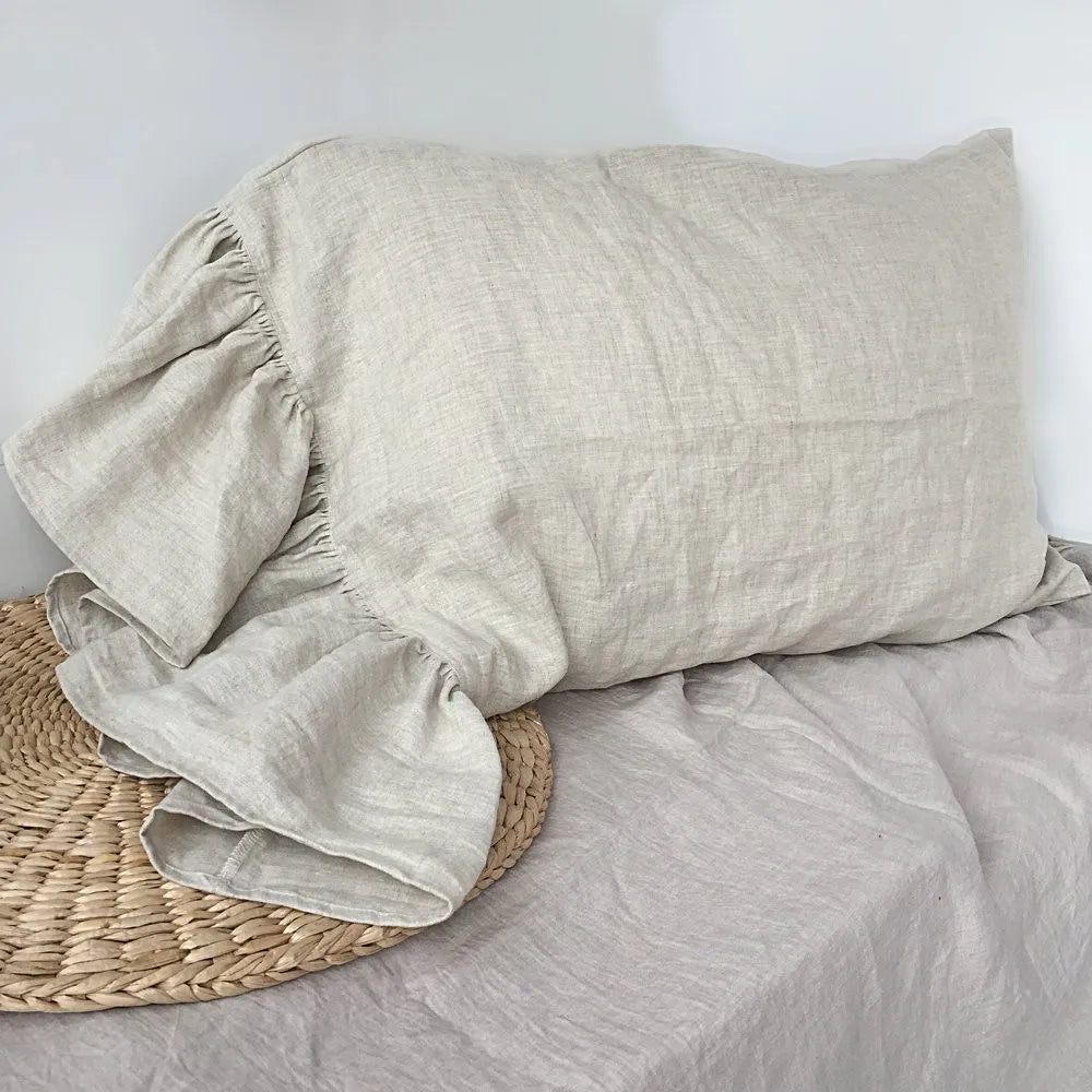 100% Flax Linen Beige Ruffled Pillowcase