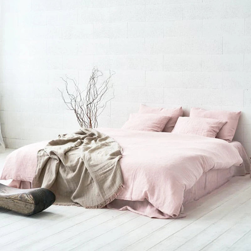 Flax Linen Pink Pillowcases Fitted Sheet, Duvet Cover Set