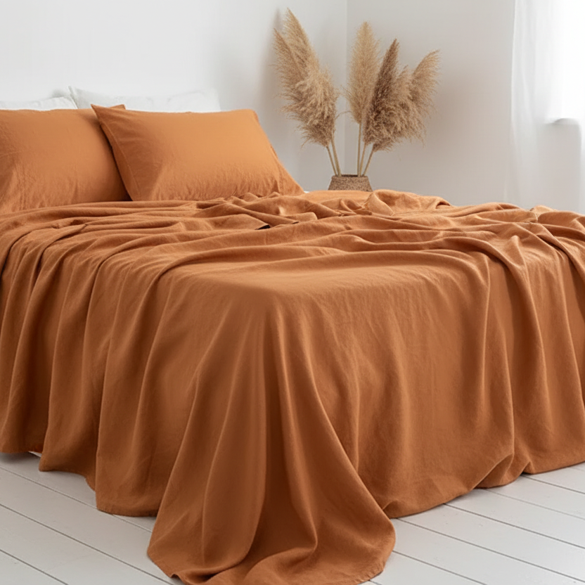 Brown blanket draped over a bed with a neutral background