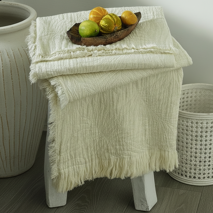 White textured blanket draped over a wooden stool with a basket and fruit on a wooden floor.
