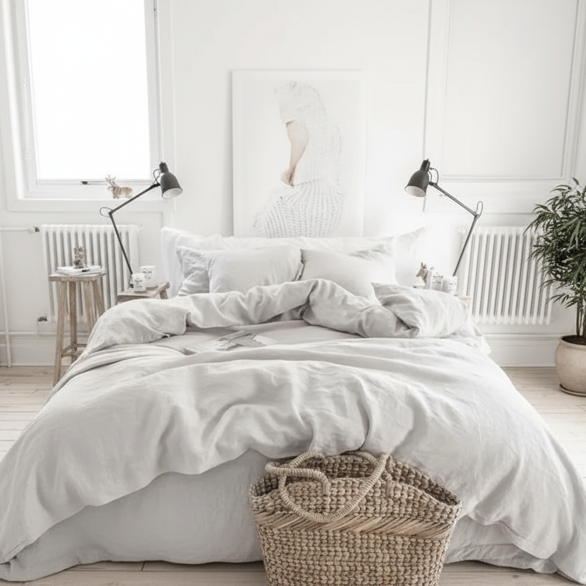 Neatly made bed in a bright bedroom with white walls and minimal decor.