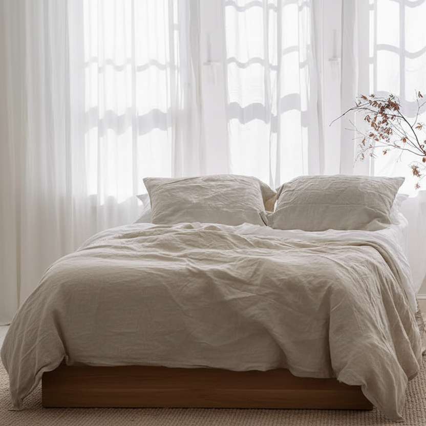 Neatly made bed with beige bedding in a bright bedroom with large windows.