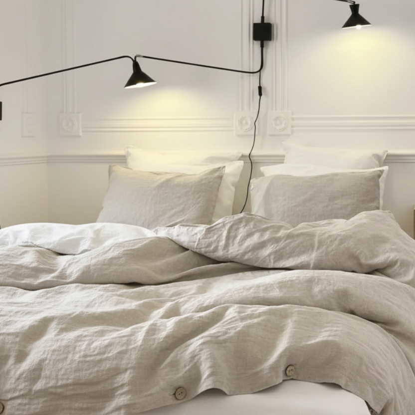 Neatly made bed in a bedroom with wall lights and a chair.