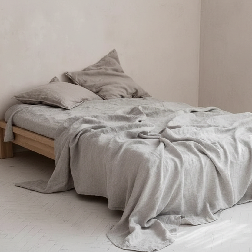 100% Flax Linen Light Grey  Flat Sheet
