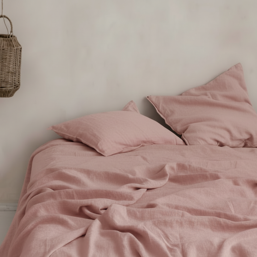 Pink bedding on a bed with a wicker basket hanging above in a neutral-colored room.