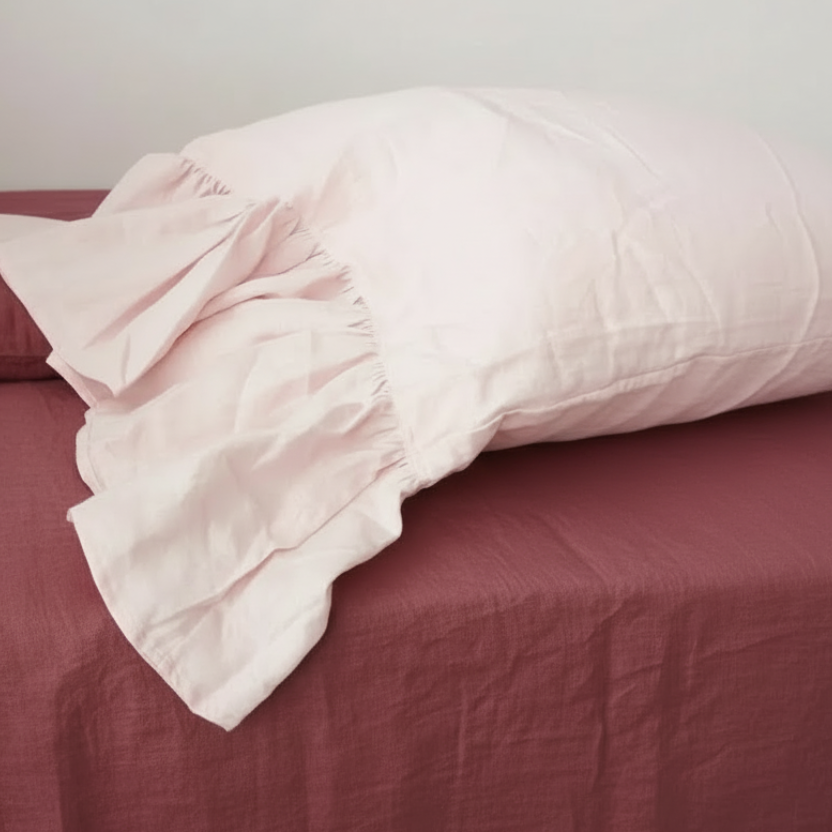 100% Flax Linen Pink Ruffled Pillowcase