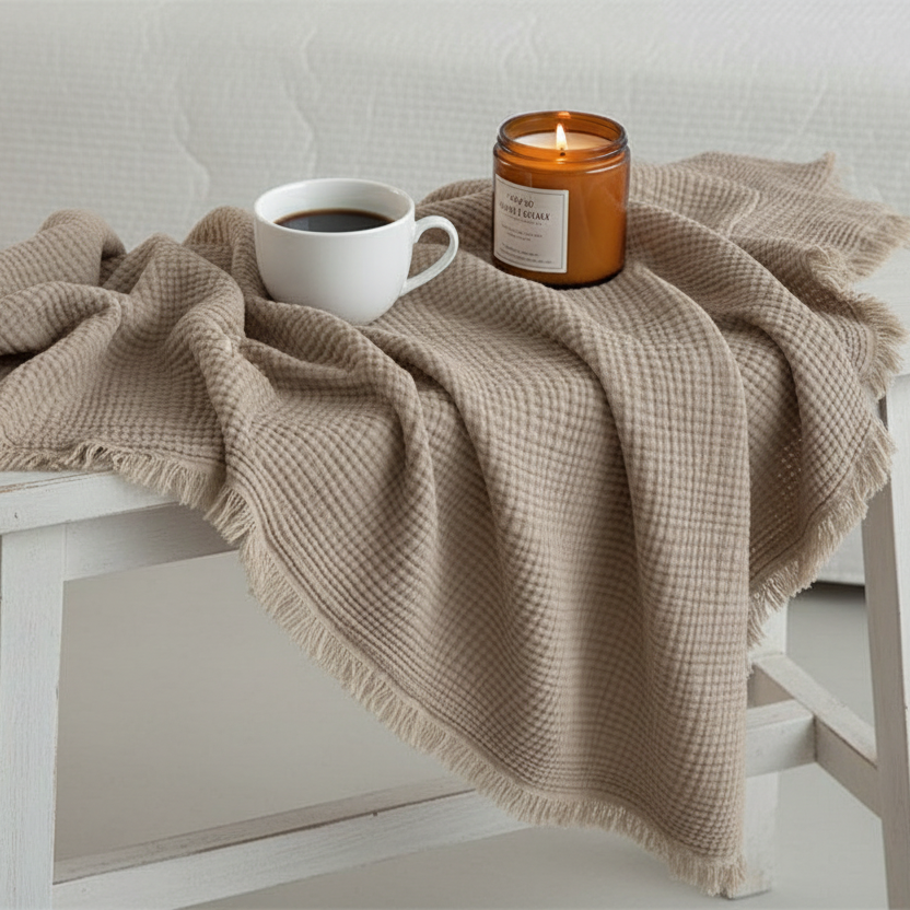 Beige blanket draped over a white bench with a cup of coffee and a candle on top.