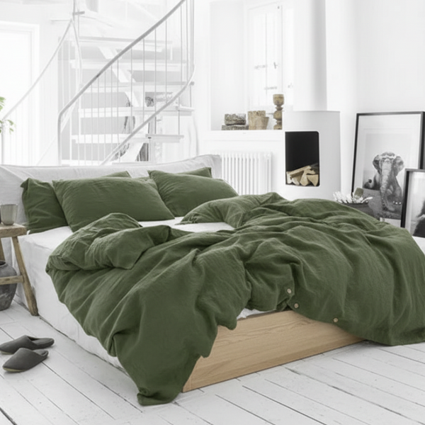 Bedroom with green bedding and framed pictures on a white wall.