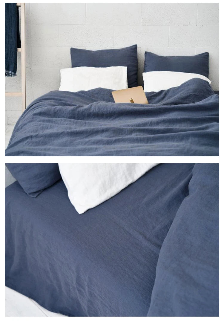 Flax Linen Dark Blue Pillowcases Fitted Sheet, Duvet Cover