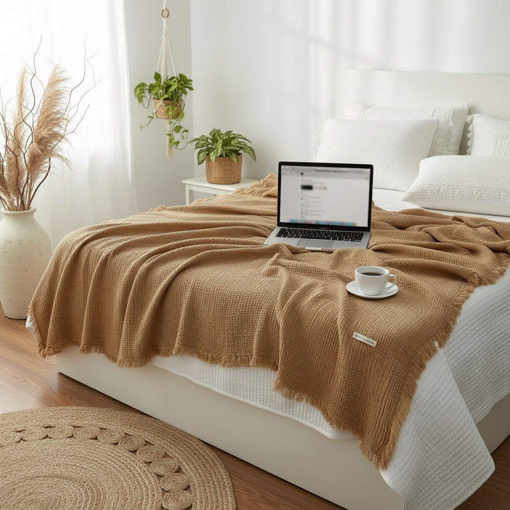 Brown textured blanket on a bed with a cup of coffee nearby
