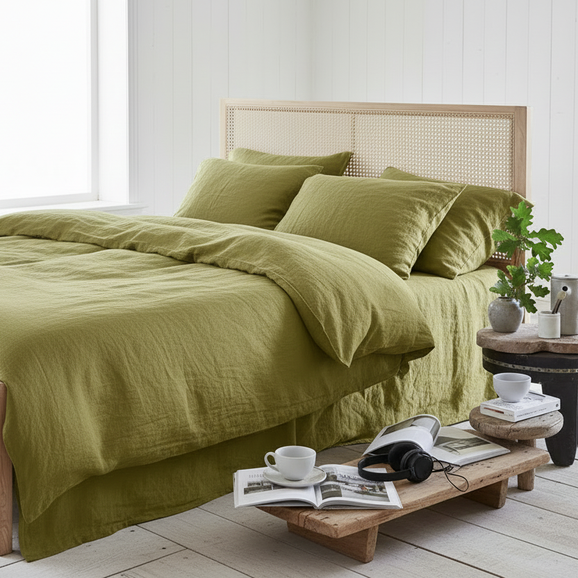 Flax Linen Olive Stone Wash Duvet Cover