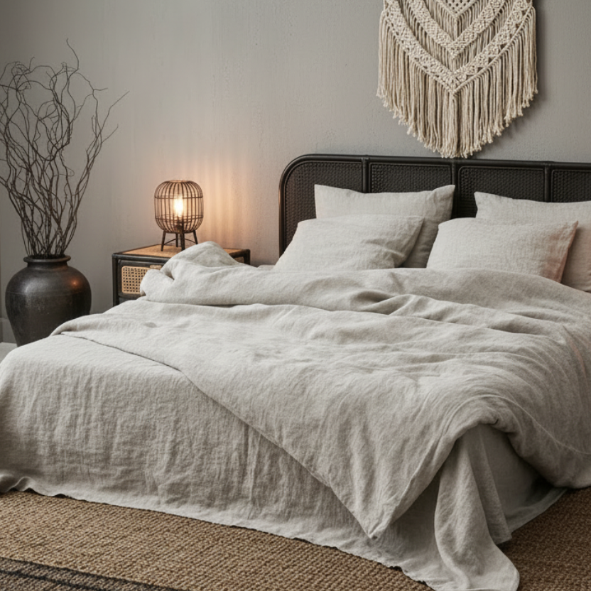 Flax Linen Natural Beige Pillowcases Fitted Sheet, Duvet Cover Set