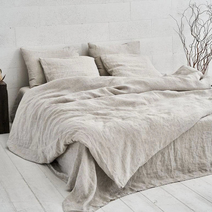 Flax Linen Natural Beige Pillowcases Fitted Sheet, Duvet Cover Set